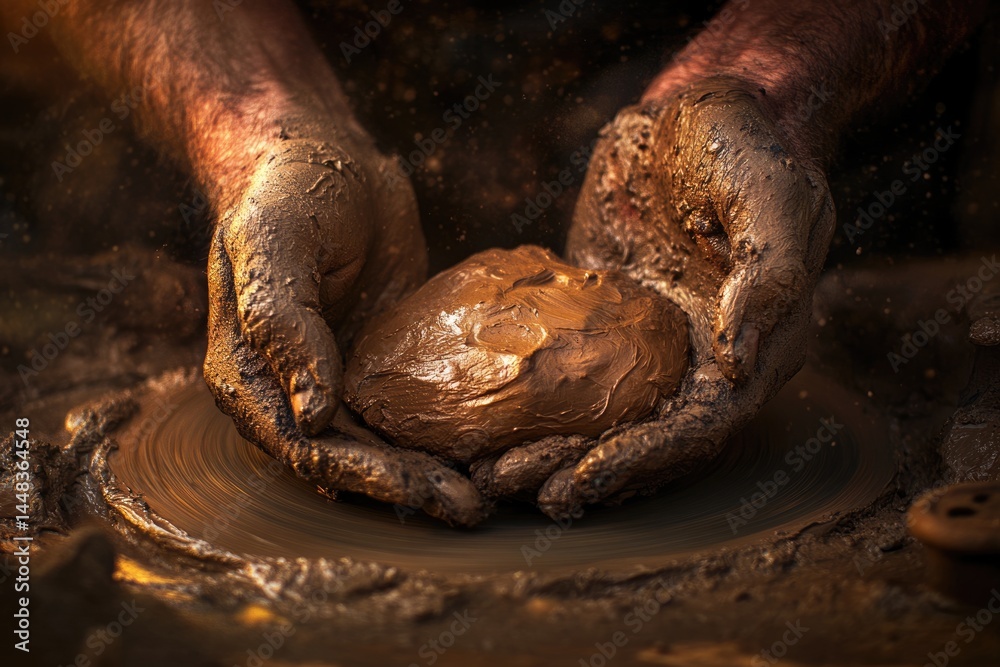 Fototapeta premium Muddy hands shaping a clay ball on a spinning wheel, showcasing the artistry of pottery.