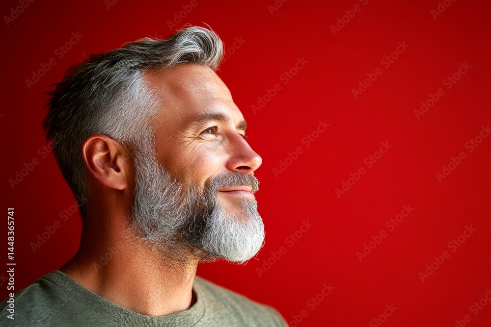 Creative of style for aging men. A joyful and radiant male expressing confidence. Red solid background. Fashionable men's textured crop haircut - midlife white man with grey hair.