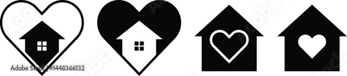 Heart and Home Icons Black and White Vector Set