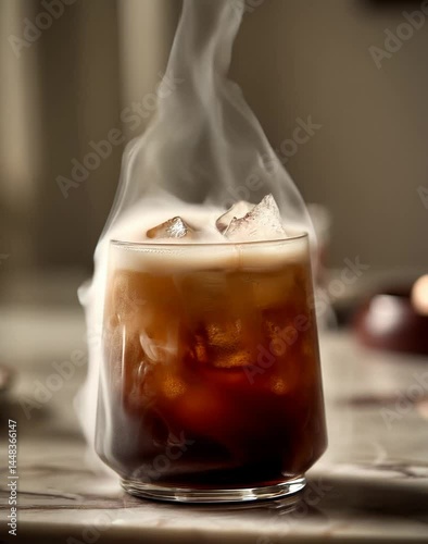 Iced coffee with swirling cream and steam – excellent for café branding and beverage ads