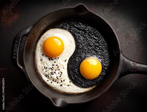 Cast iron skillet with sunny-side-up eggs in yin-yang style – perfect for breakfast content and creative cooking videos