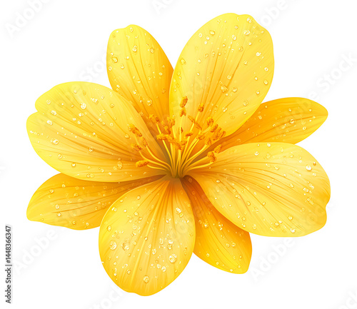 A bright yellow lily flower with six petals isolated on a black background in macro photograph.