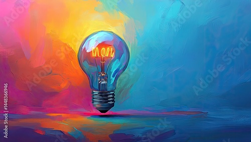 Glowing lightbulb, vibrant colors, artistic rendering
