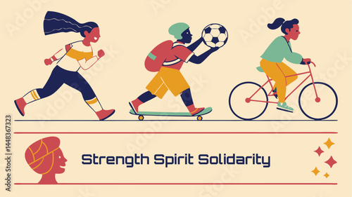 Strength, Spirit, and Solidarity: An illustration captures the dynamic energy of movement, portraying three individuals engaged in active pursuits that promote the idea of community, and unity