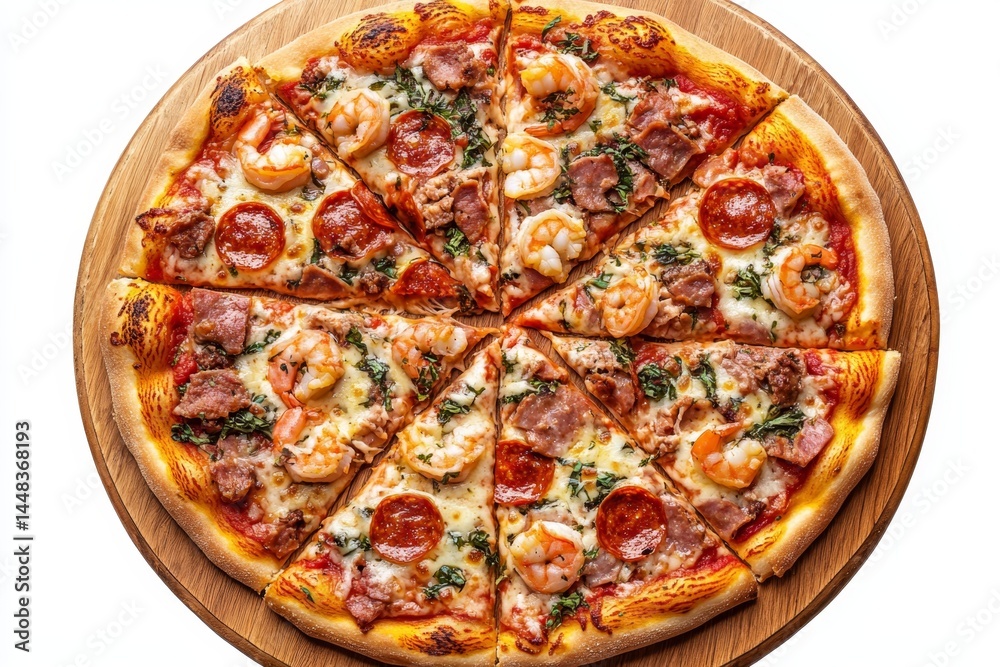 A tasty pizza topped with pepperoni and shrimp, ready to be enjoyed. A tasty pizza topped with pepperoni and shrimp, ready to be enjoyed.