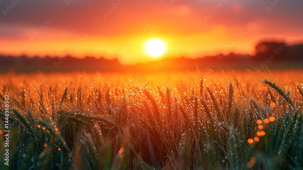 Fototapeta premium wheat agriculture close-up with dew-covered stalks and sunrise behind