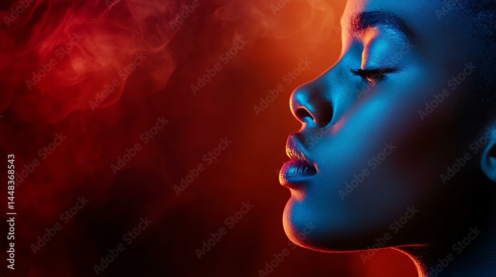 A profile of a person immersed in colorful smoke and serene expression. A profile of a person immersed in colorful smoke and serene expression.