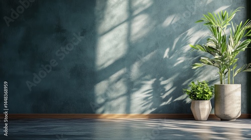 A contemporary living space with stylish decor. Two potted plants enhance the room's ambiance under natural sunlight streaming through windows.