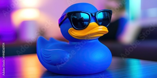 photo of blue rubber duck wearing sunglasses 