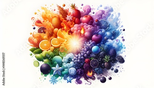 Vibrant Fruit Explosion in Circular Color Burst Illustration