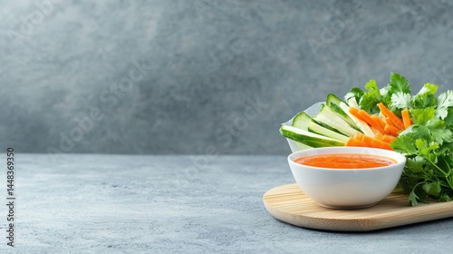 Fresh Vegetables and Dipping Sauce on a Wooden Board in a Kitchen