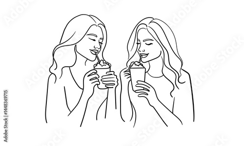 Womans drink coffee, line art drawing. Barista made tea on white background. Enjoying the moment now. Vector illustration