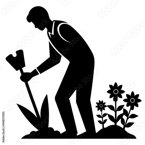 "Sleek vector person planting flowers silhouette, sharp trowel in black and teal in garden"