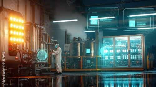 The Future of Engineering: A lone engineer meticulously monitors an advanced industrial machine in a futuristic, high-tech setting, highlighting innovation, precision.