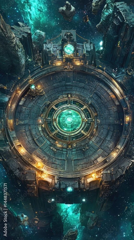 Fototapeta premium Circular, futuristic, metallic structure in deep space.