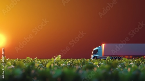 Truck on Road Through Green Field at Sunset Horizon