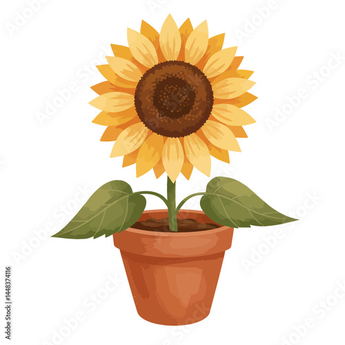 Vector illustration of a sunflower in a clay pot, soft colored style without bold outlines, isolated on white background, concept for gardening, interior design, and landscape design