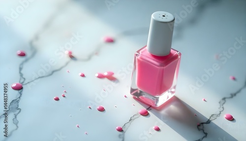 High angle view of bottle of pink nail polish with manicure instruments on white background