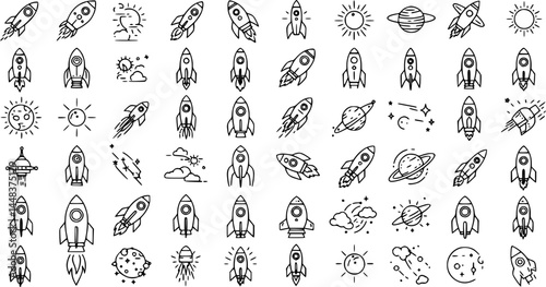Space Rocket Line Art Icons Sun Planet Stars Galaxy Universe Doodle 