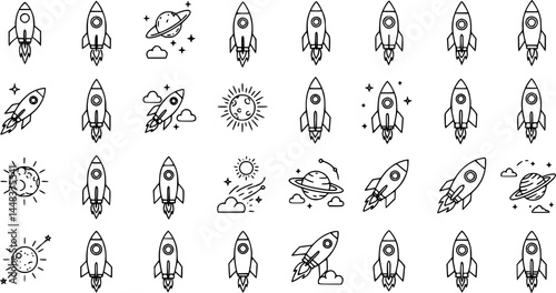 Space Rocket Launch Icons: Line Art Vector Graphics Celestial Elements