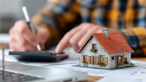 Person Calculating Home Finance with Model House