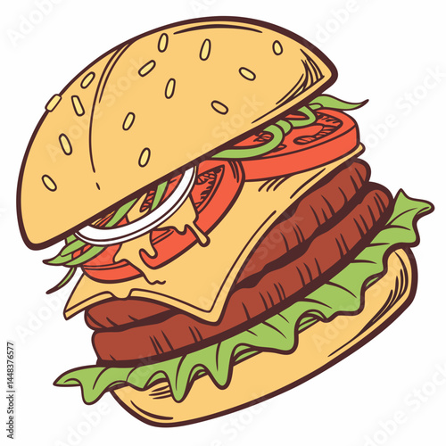 Vector illustration of a fast food meal featuring a sandwich with ham and cheese on bread
