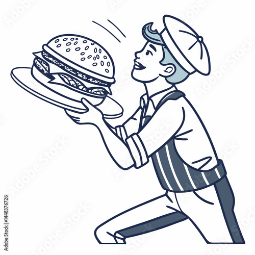 A fun cartoon illustration shows a chef cook holding a delicious pizza