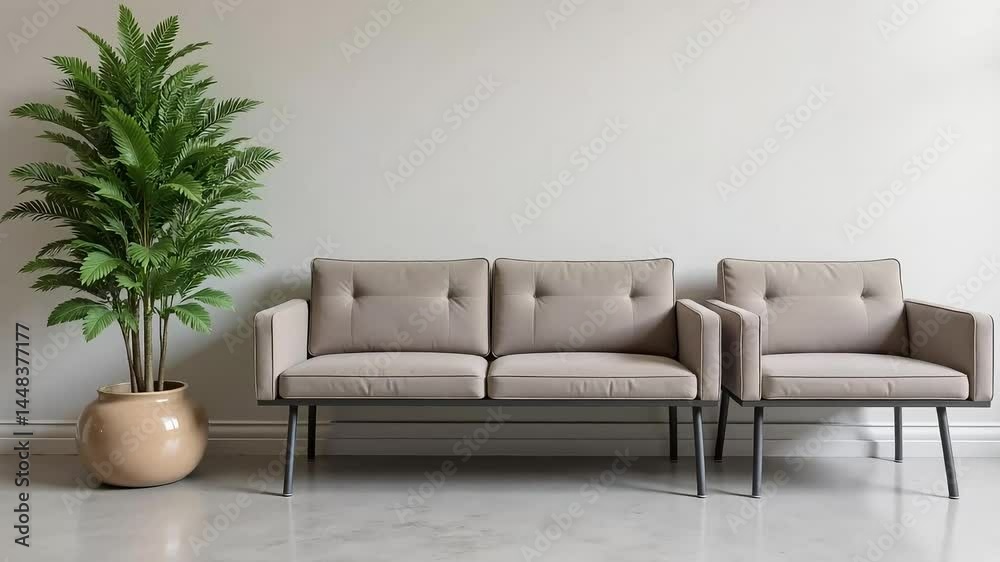 Modern Beige Sofa and Armchair Set in Minimalist Room Design with Potted Plant Modern Beige Sofa and Armchair Set in Minimalist Room Design with Potted Plant