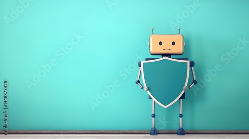 Friendly Robot Guardian with Shield on Bright Background