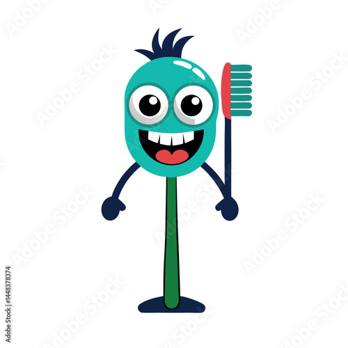 Funny Man Brushing Teeth – Outline Vector on White Background