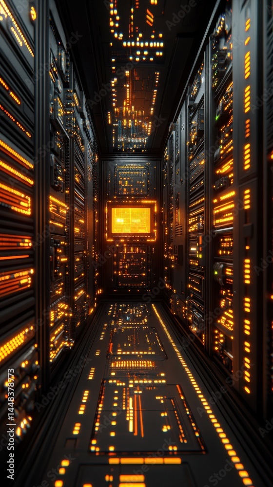 Dark Server Room with Glowing Orange Lines Dark Server Room with Glowing Orange Lines