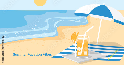 Relaxing Summer Beach Scene with Umbrella and Cold Drink – Vector Illustration