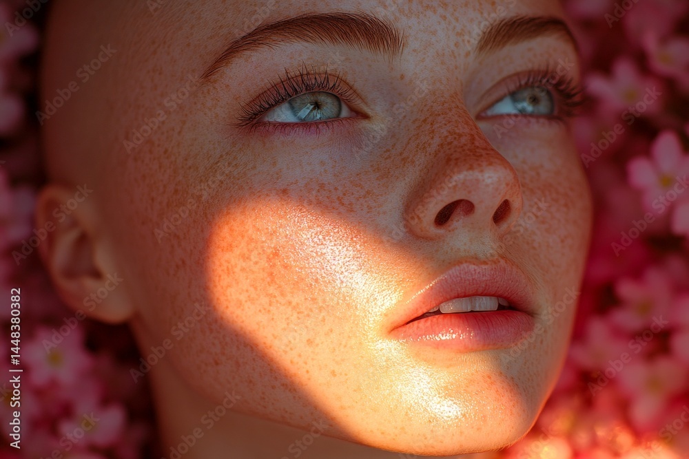 Spring mood, morning rays and fog. Commercial depiction. Attractive caucasian young woman surrounded by cherry blossoms. Spring-inspired woman in cherry blossoms.