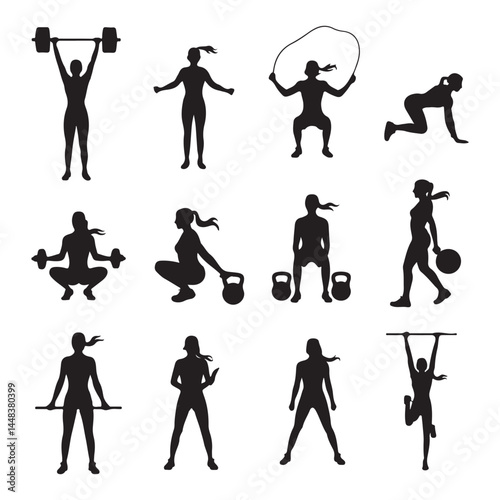 Silhouette of a woman in multiple workout poses, from aerobics to weightlifting and stretching.
