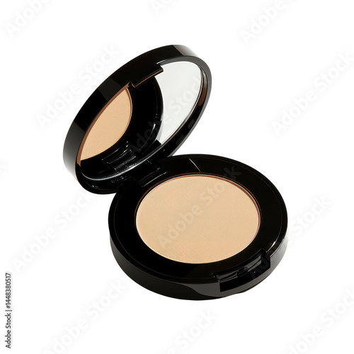 Close-up of an open compact powder case with beige pressed powder for makeup application on transparent background