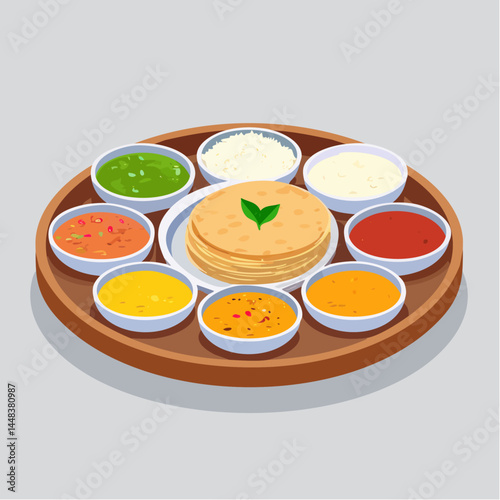 Traditional Indian Thali with Variety of Curries and Flatbread

