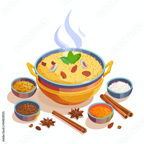 Traditional Indian Biryani with Aromatic Spices and Side Curry

