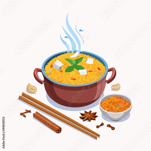 Traditional Indian Biryani with Aromatic Spices and Side Curry

