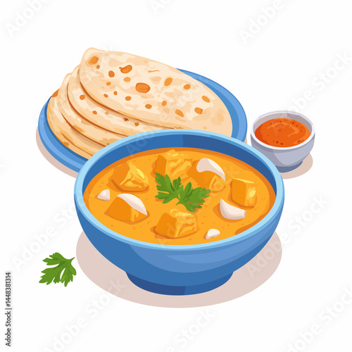 Paneer Butter Masala with Chapati – Classic Indian Vegetarian Dish in Vector Style

