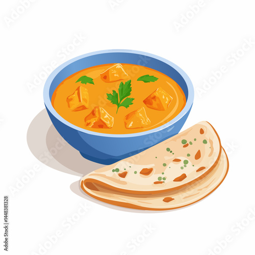 Indian Cashew Curry with Chapati – Traditional Vegetarian Meal Vector Illustration

