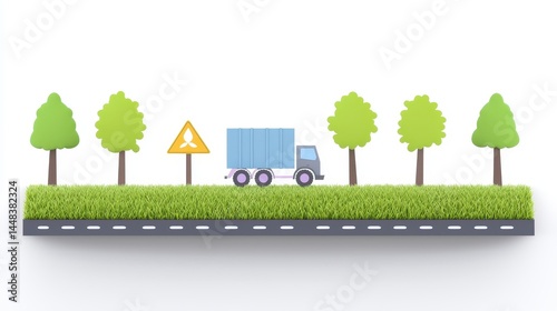 Truck on Roadside with Trees and Caution Sign Illustration