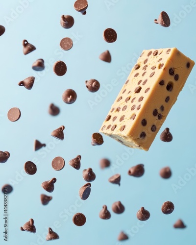 Choco chip ice cream brick with mini chips on wafers