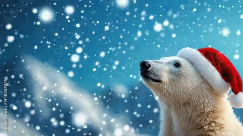 A cheerful polar bear wearing a Santa hat against a snowy winter background.