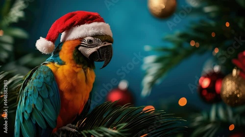 A colorful parrot wearing a Christmas hat among festive decorations.