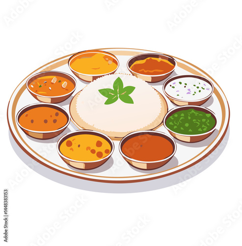 Traditional Indian Thali with Variety of Curries and Flatbread


