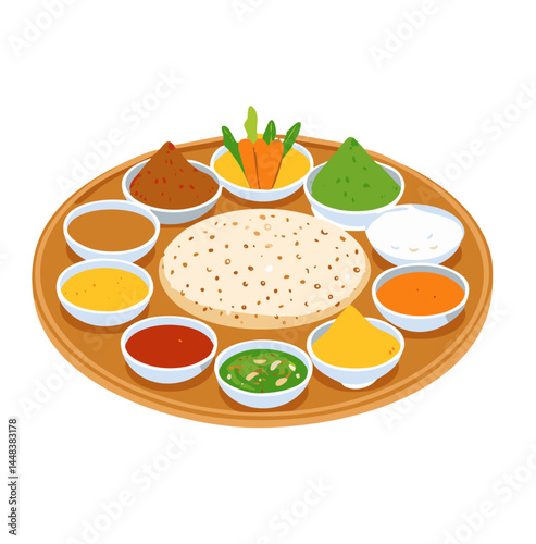 Traditional Indian Thali with Variety of Curries and Flatbread

