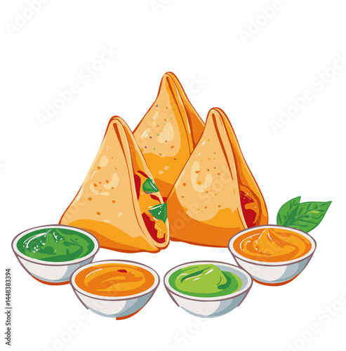 Indian Samosa with Assorted Chutneys – Traditional Snack Vector Illustration with Dipping Sauces

