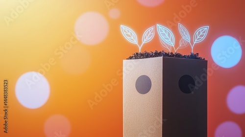 Futuristic Plant Growth Concept with Neon Leaves and Light