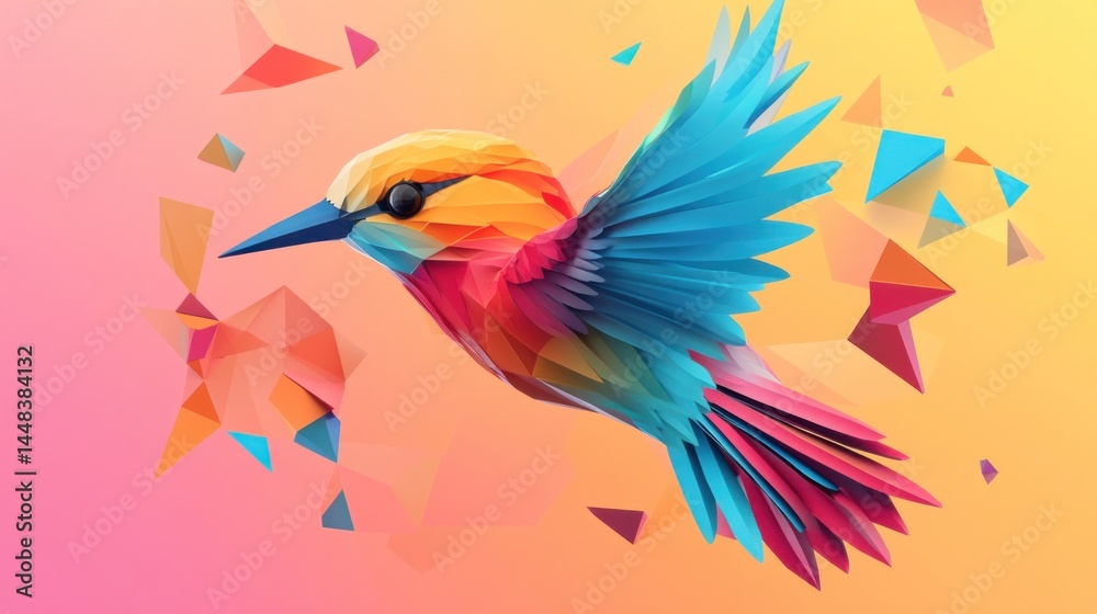 Obraz premium Colorful polygonal hummingbird in flight, surrounded by geometric shapes