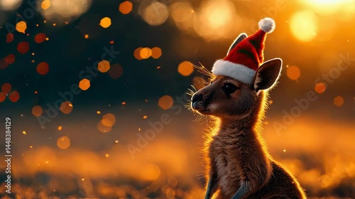 A kangaroo wearing a festive Santa hat in a warm, glowing sunset environment.